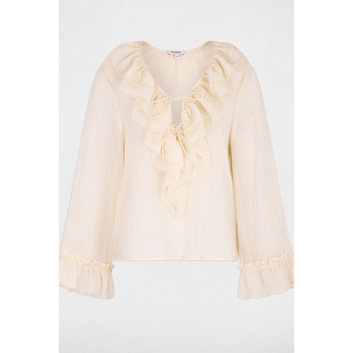 Chemise col v plissée ivoire, MORGAN
