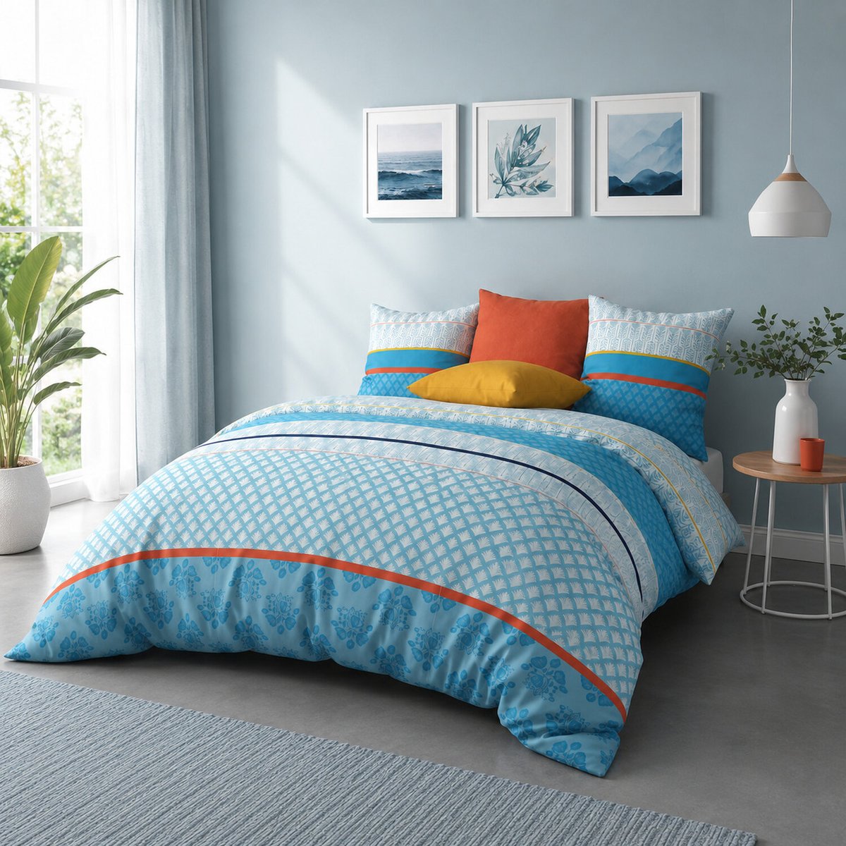 Parure housse de couette imprimée coton avec taie(s), Eva Blue design, C DESIGN HOME TEXTILE