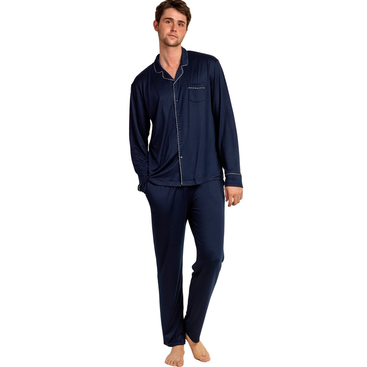 Pyjama pantalon chemise manches longues Luxury Pearl bleu marine, ADMAS