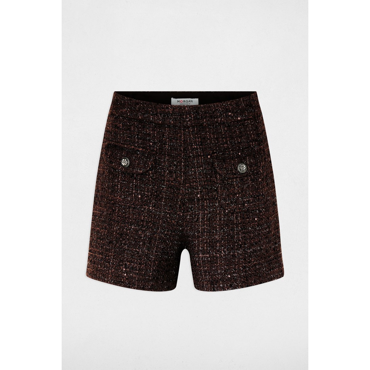 Short tweed taille haute marron foncé, MORGAN