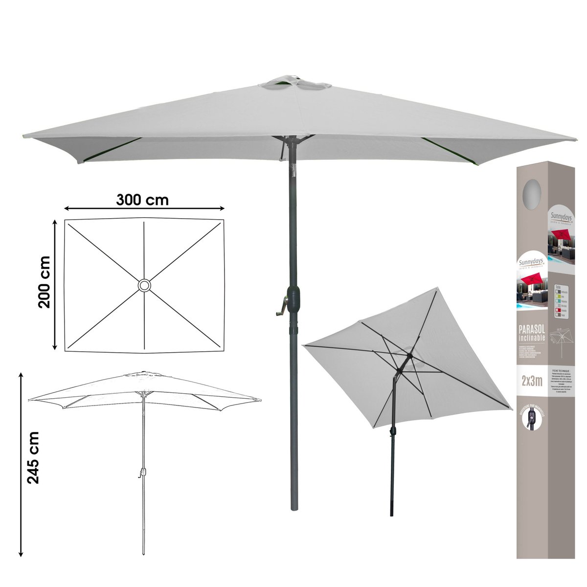 Parasol Inclinable avec Manivelle en Aluminium et Toile Gris Clair gris, WADIGA