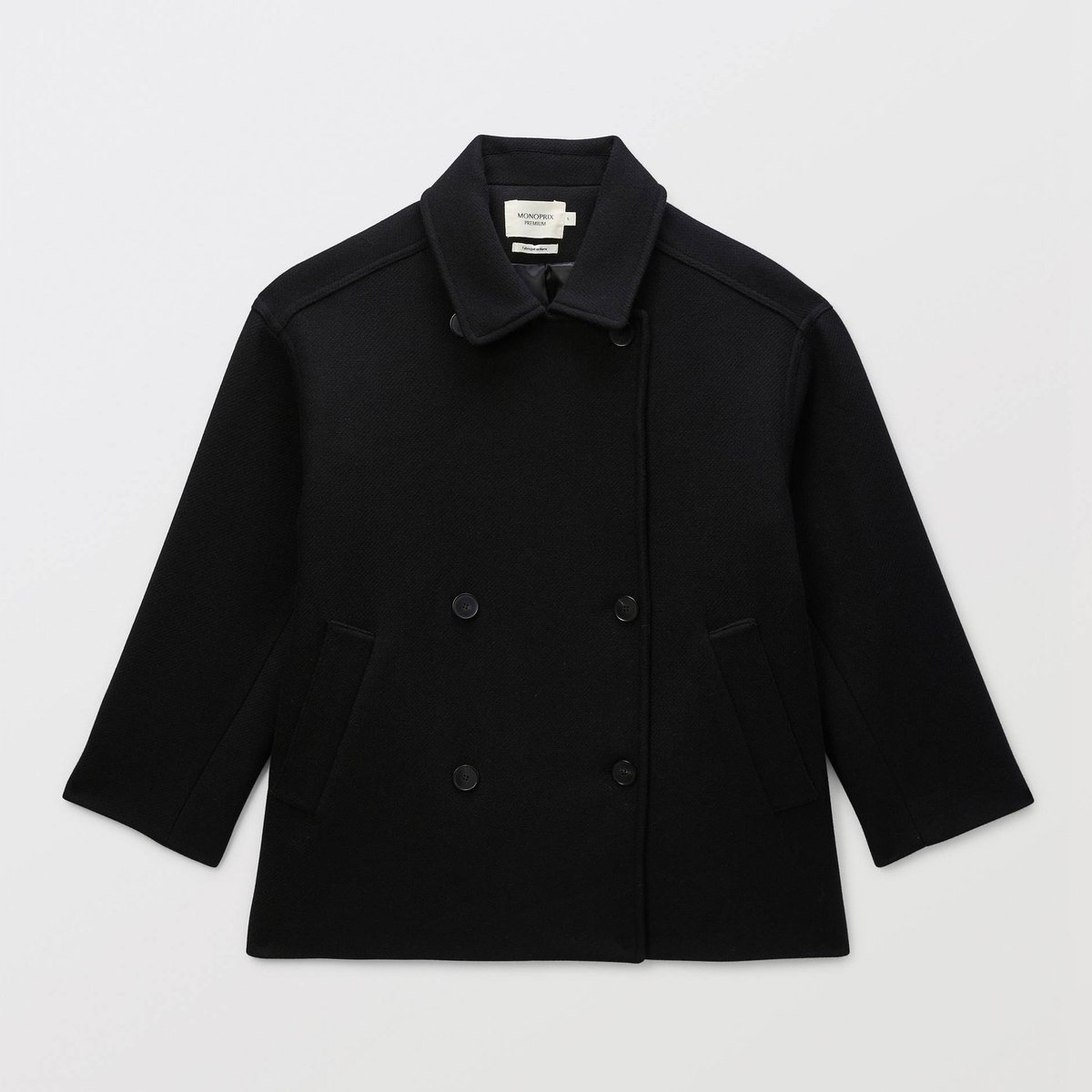 Manteau court double boutonnage contenant de la laine noir, MONOPRIX