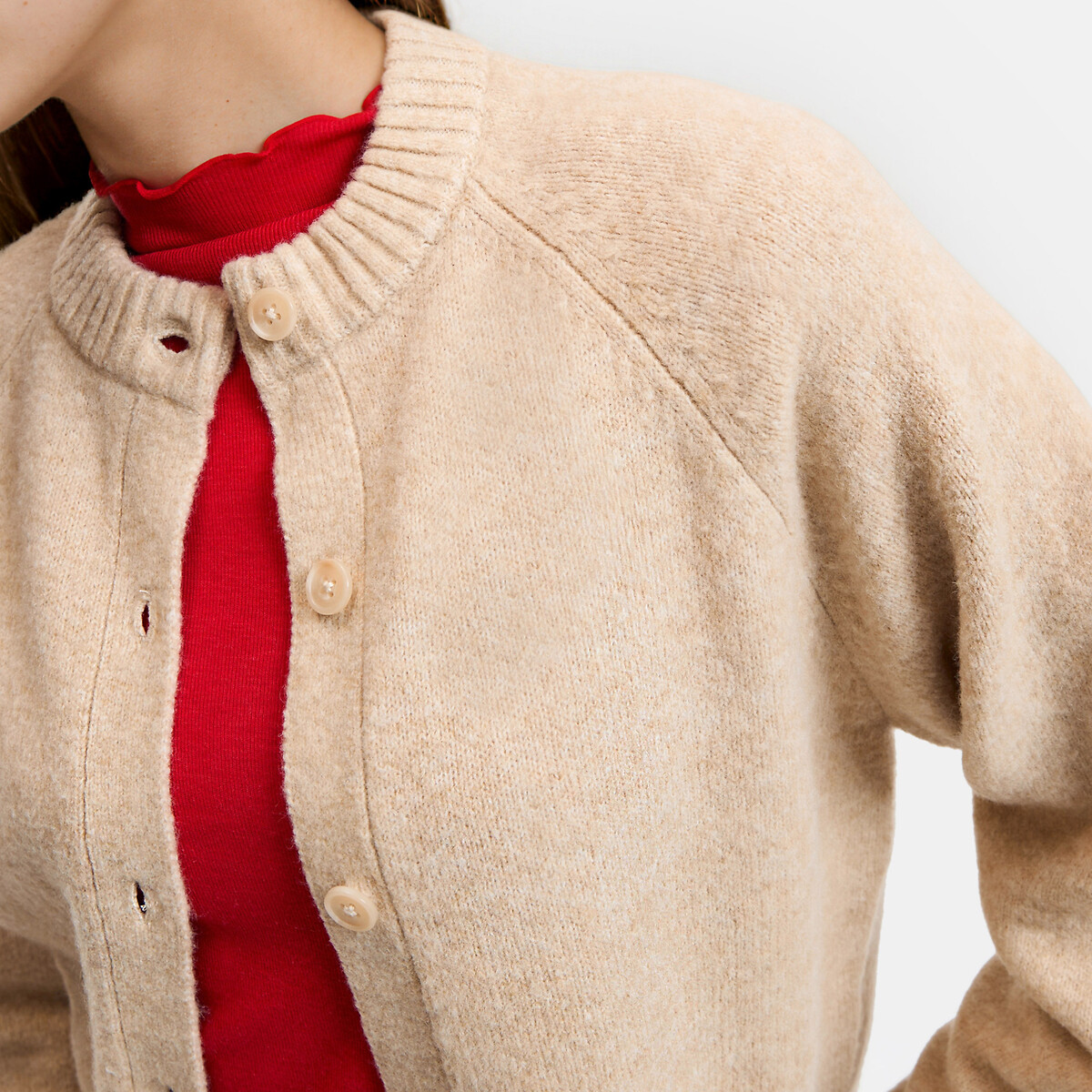 Cardigan col rond en grosse maille beige, LA REDOUTE COLLECTIONS