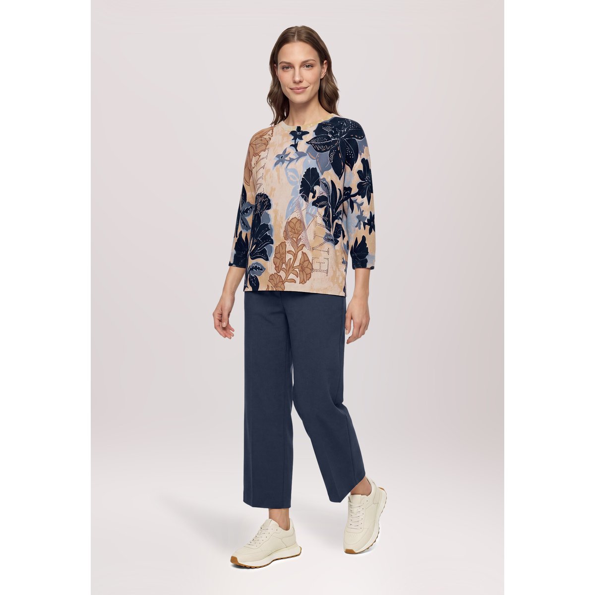 Pull-over en maille à manches chauve-souris beige/bleu, BETTY BARCLAY