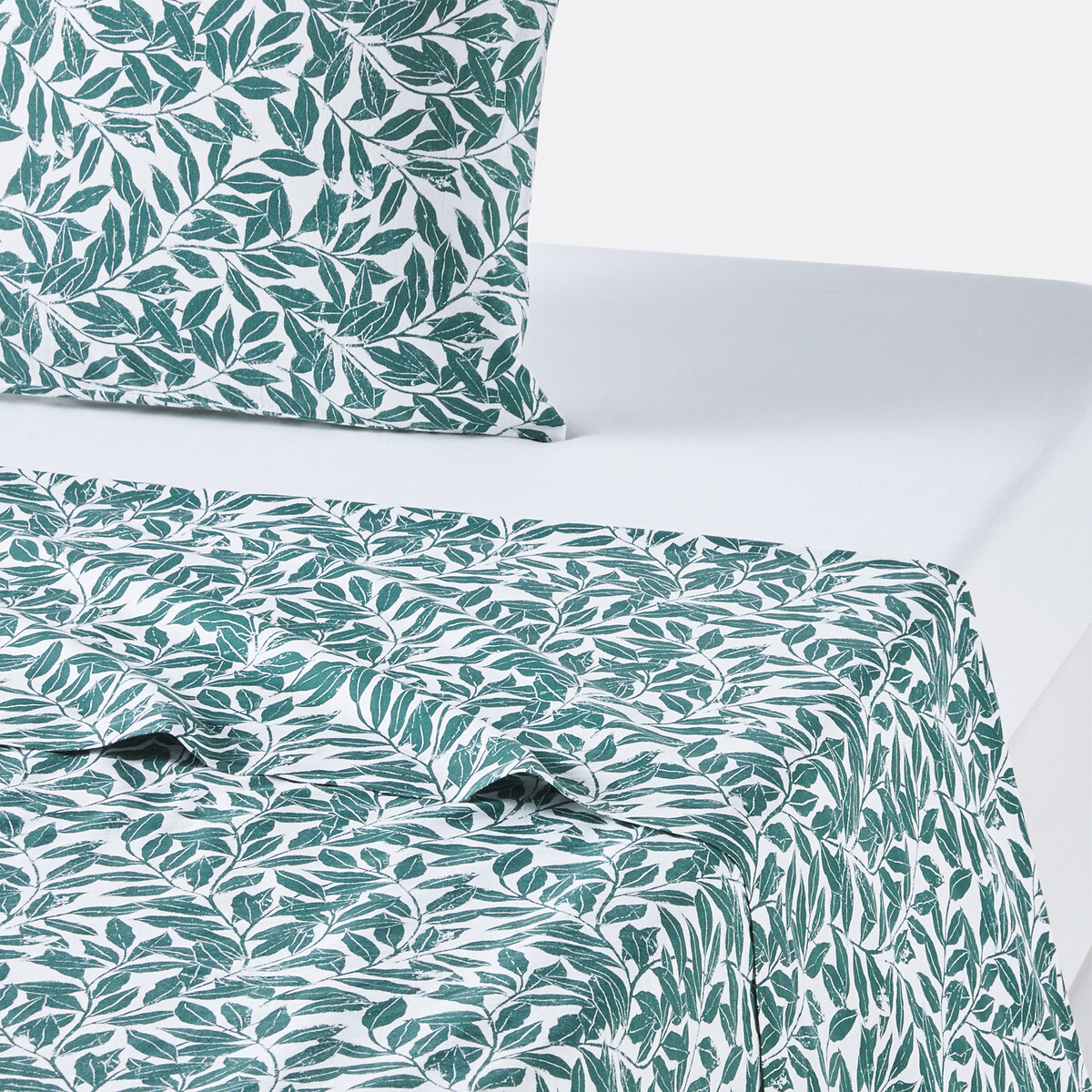 Drap plat coton lavé, Feuillage imprimé vert/blanc, LA REDOUTE INTERIEURS