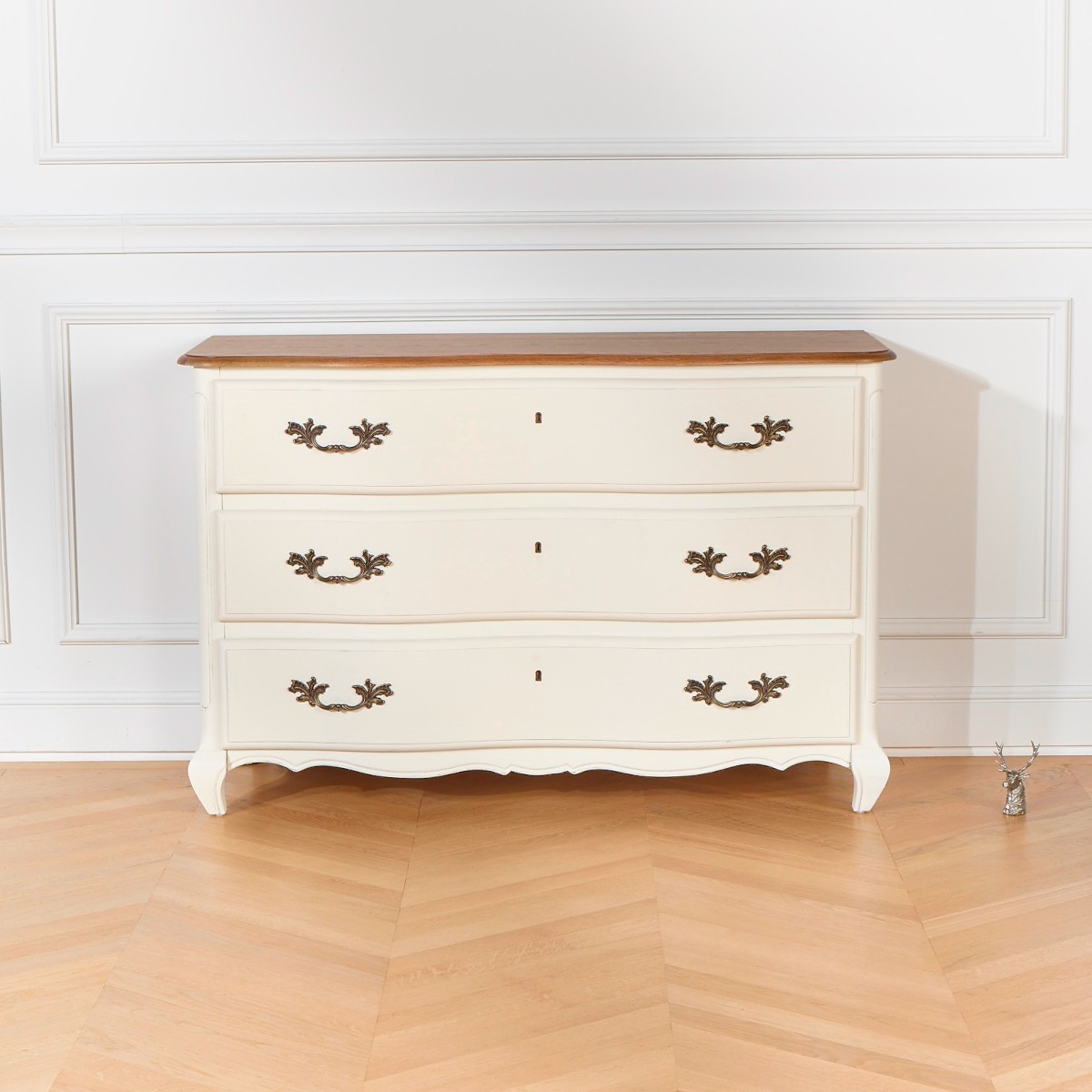 Commode style shabby chic, plateau chêne, 3 tiroirs SERRENA blanc, ROBIN DES BOIS