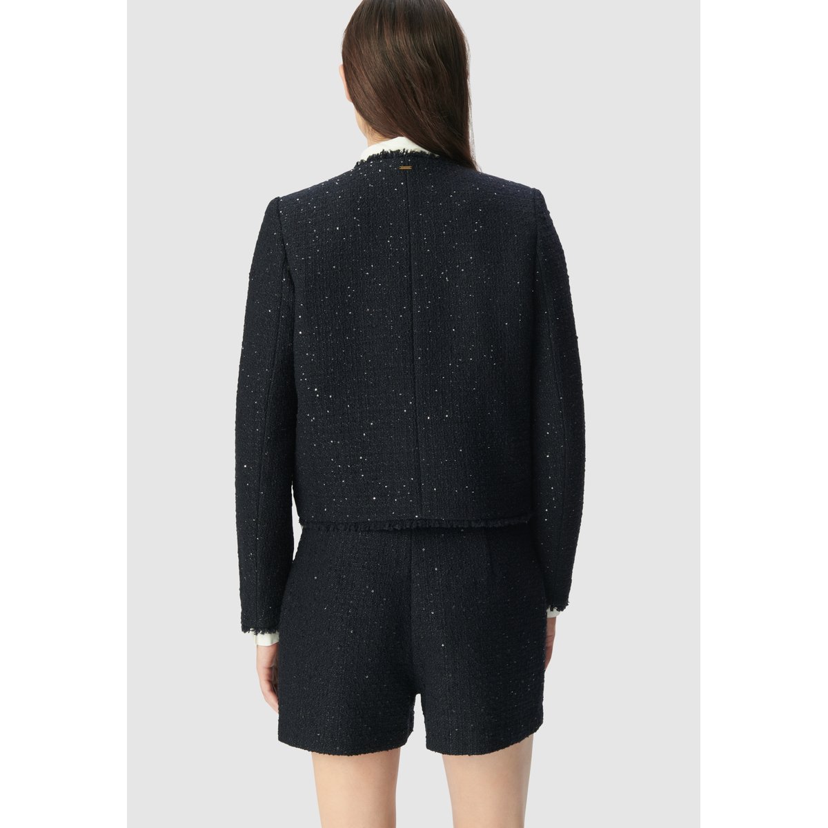 Veste courte effet tweed et sequins brodés bleu marine, IKKS