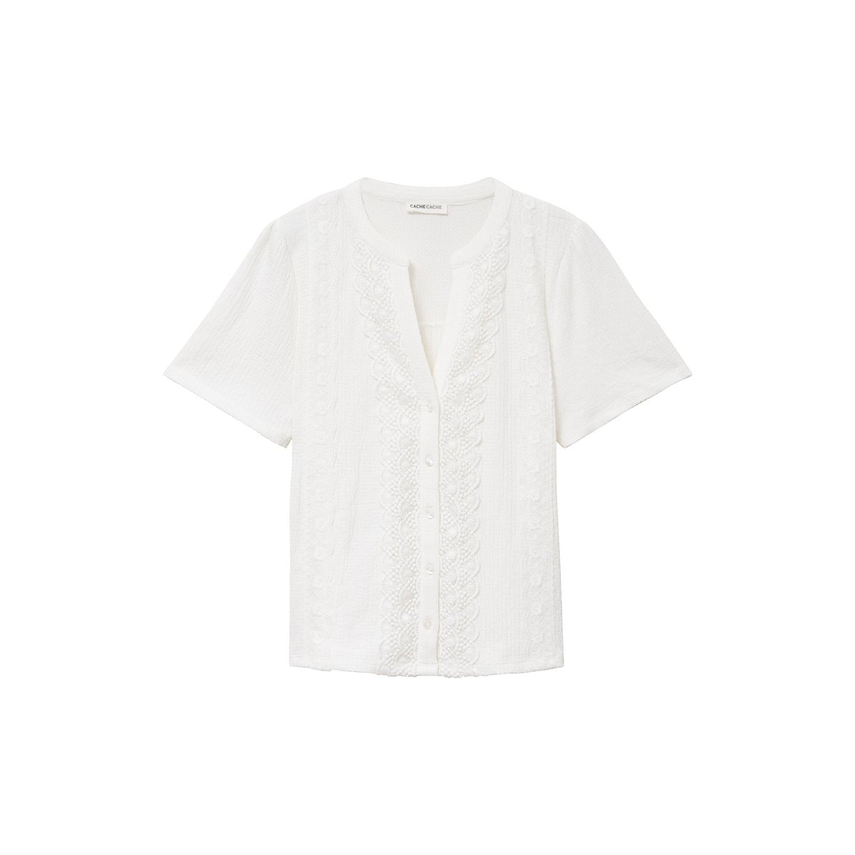 Blouse plastron brodé manches courtes ecru, CACHE CACHE