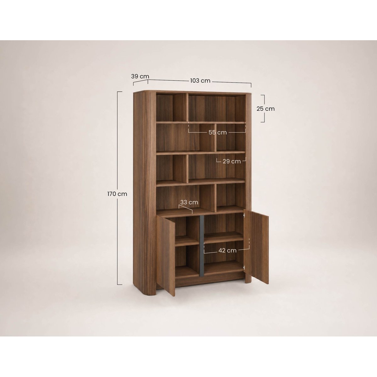 Youri - bibliothèque H170 cm effet noyer - 2 portes effet noyer, LISA DESIGN