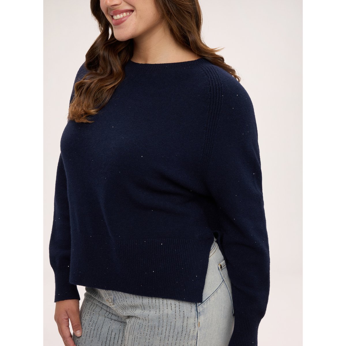 Pull col rond à micro-paillettes bleu, FIORELLA RUBINO
