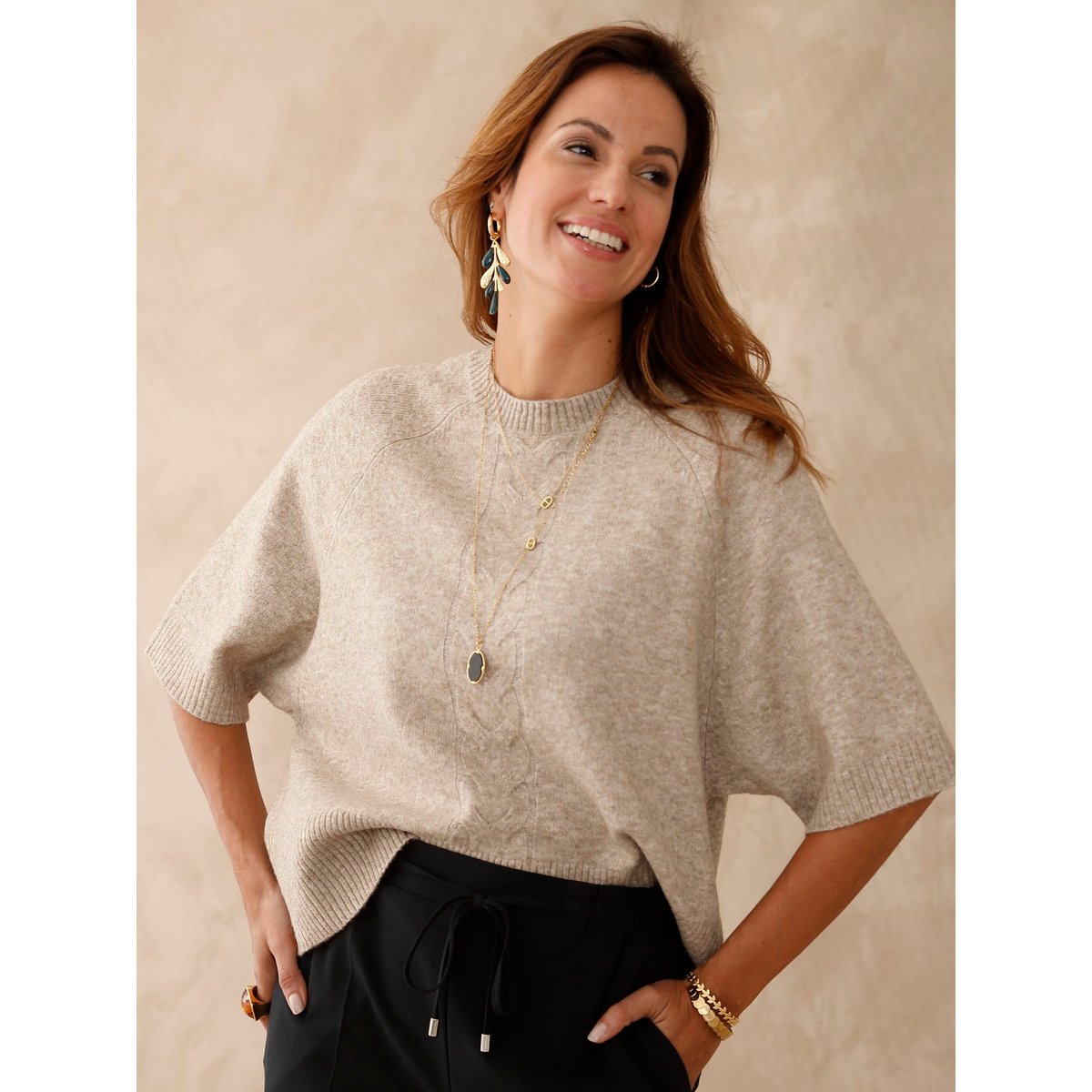 Pull avec laine manches courtes beige, DAXON