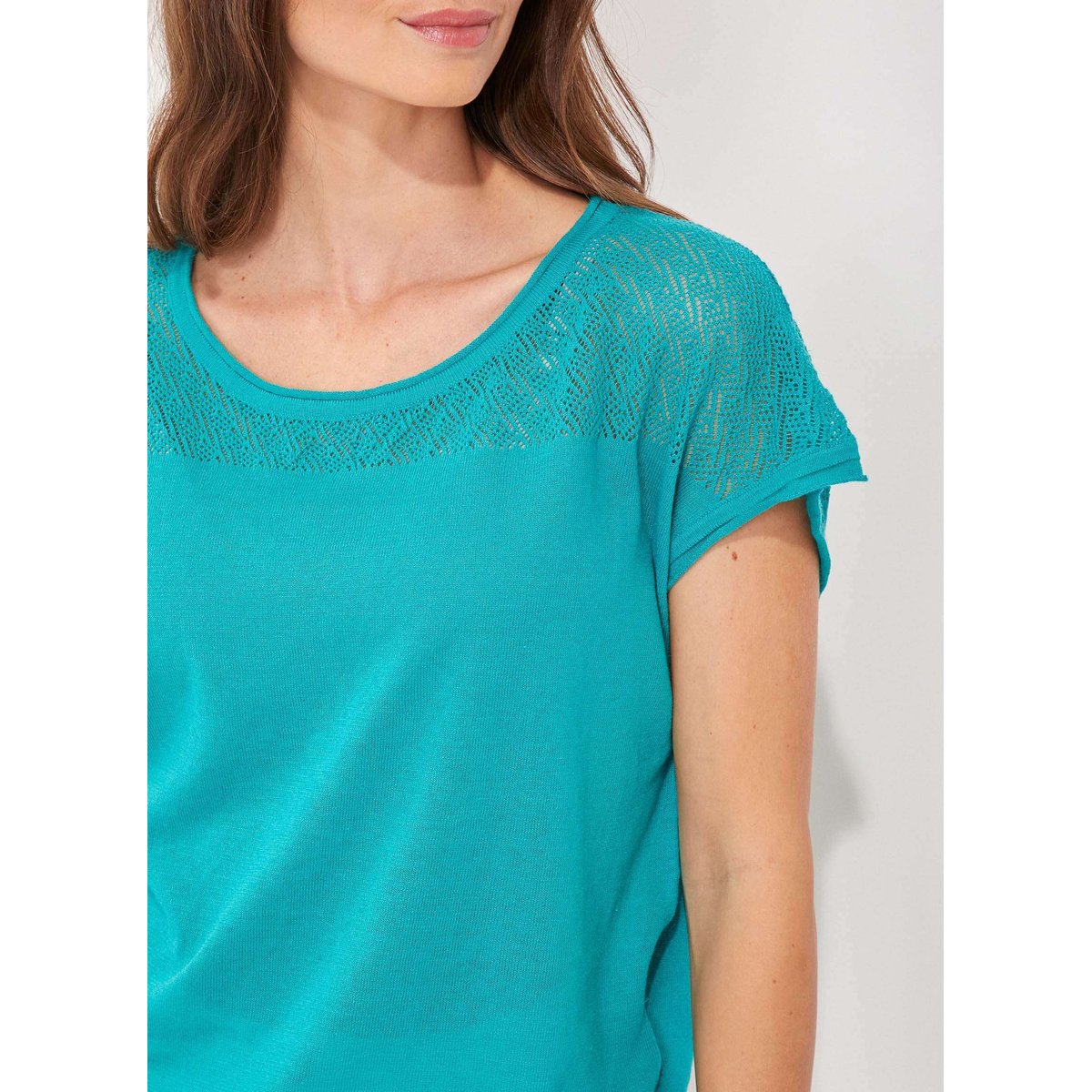 Top coton ajouré maille MANTRAS bleu turquoise, LA FIANCÉE