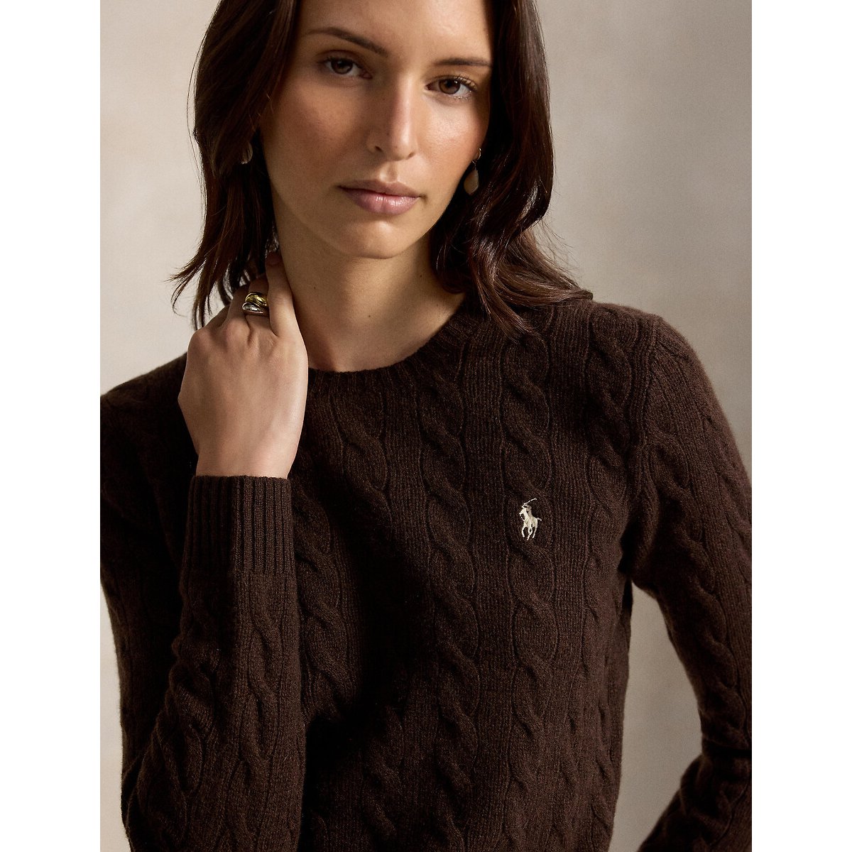 Pull torsadé, col rond, 80% laine 20% cachemire brun, POLO RALPH LAUREN