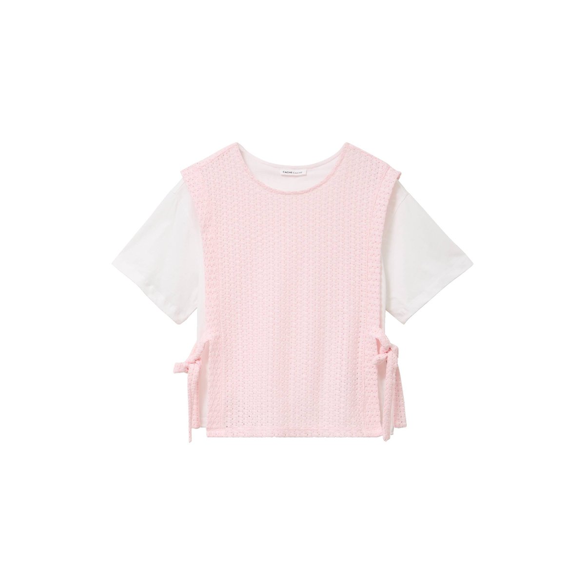 T-shirt 2-en-1 col rond manches courtes rose clair, CACHE CACHE