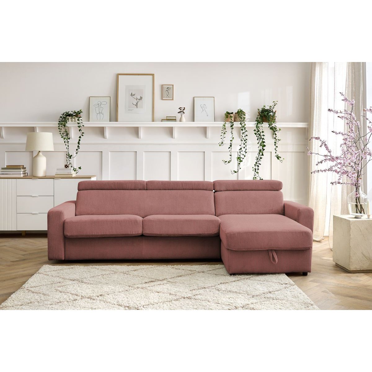 Canapé d'angle convertible 4 places en velours côtelé couchage 140x190 cm, MONACO rose, BOBOCHIC