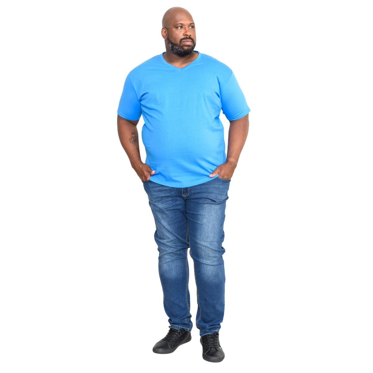 T-shirt col V en coton grande taille SIGNATURE bleu marine, DUKE