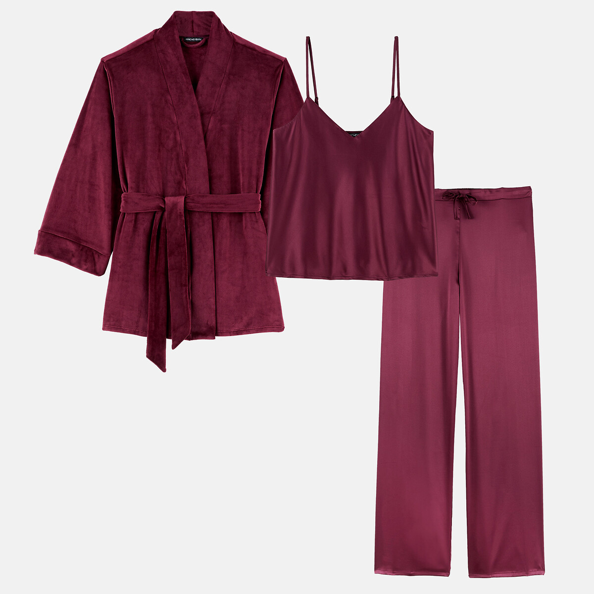 Driedelige pyjama van satijn bordeaux , ANNE WEYBURN