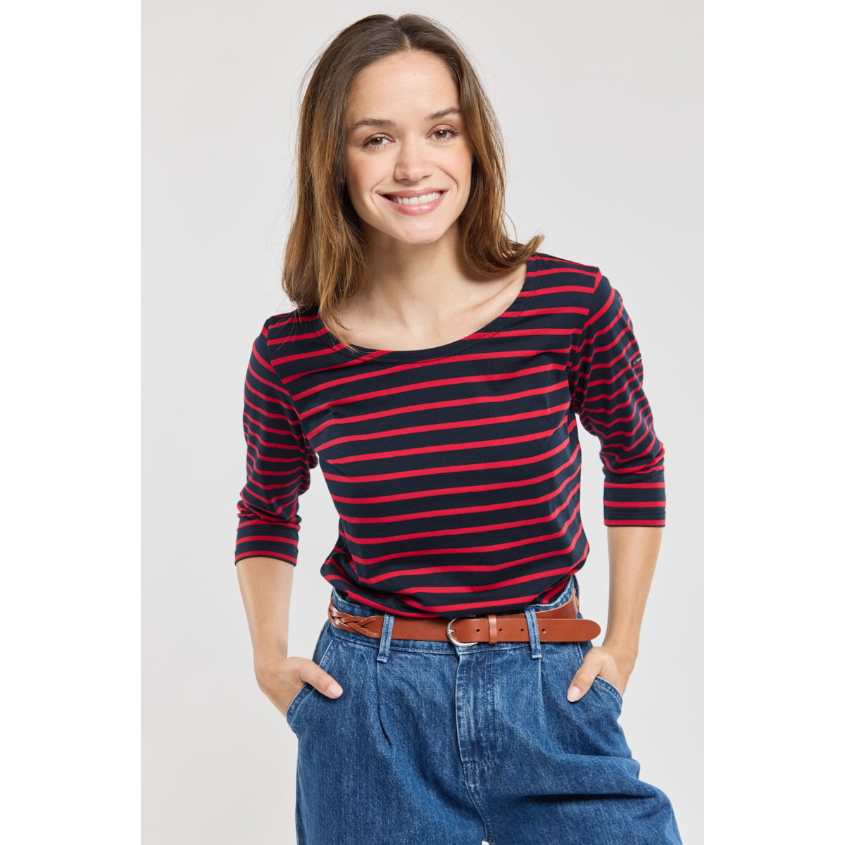 Marinière manches 3/4 en coton léger rich navy/braise, ARMOR-LUX