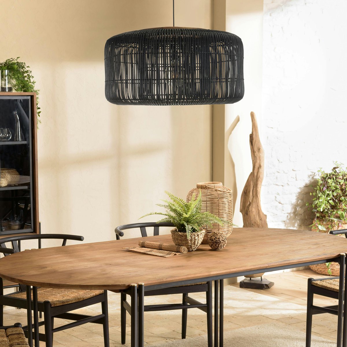 Suspension en rotin ronde 76cm FOLELLI noir, PIER IMPORT