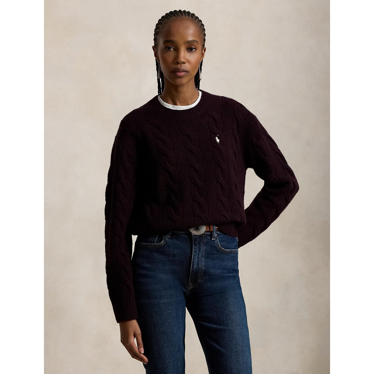 Pull col rond torsadé, 90% laine 10% cachemire bordeaux, POLO RALPH LAUREN