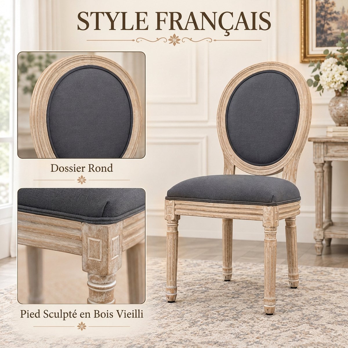Chaise de salle à manger Tissu effet lin (100 gris, HOMCOM