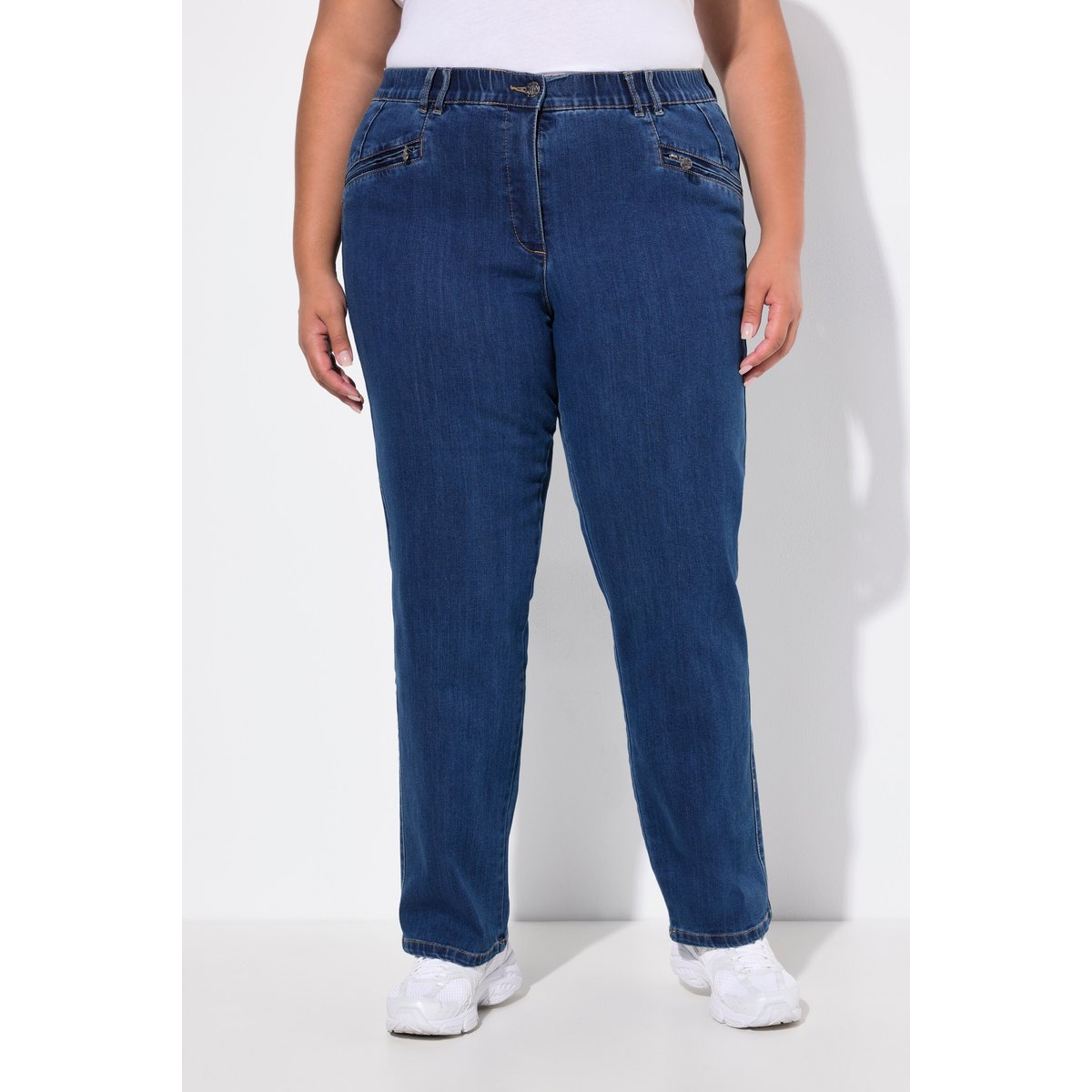 Jean Mony, jambe carotte et poches zippées bleu jean, ULLA POPKEN