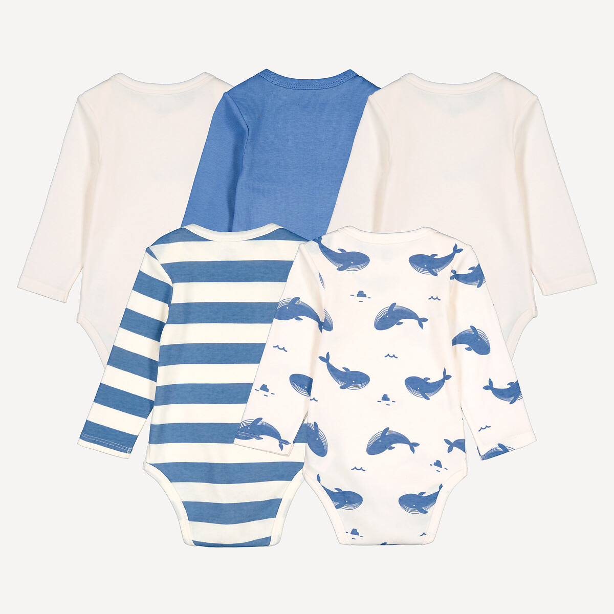 Confezione di 5 body a maniche lunghe con spalle all’americana, tema marino bianco écru + blu, LA REDOUTE COLLECTIONS
