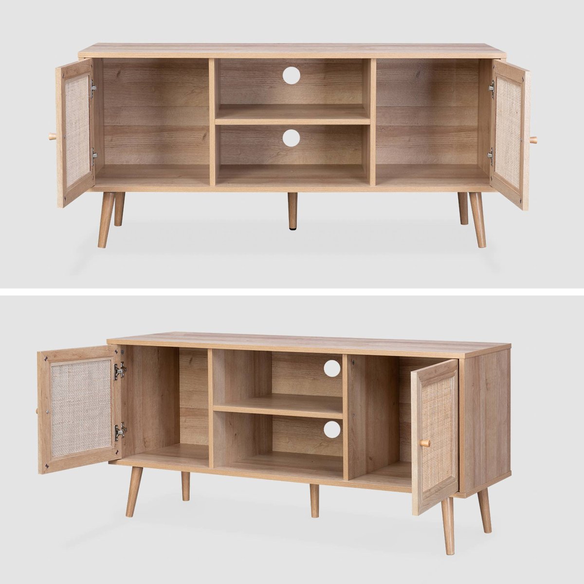 Meuble TV scandinave cannage 2 portes 120cm BOHÈME naturel, SWEEEK