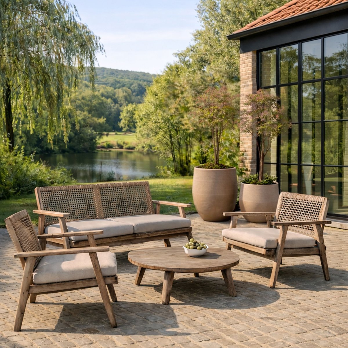 Lot de 2 pots ronds bas en fibre d'argile, COMPORTA couleur terre cuite, NOW'S HOME