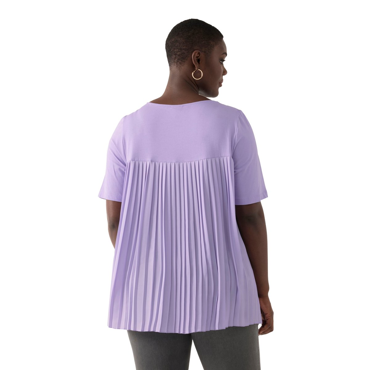 T-shirt, dos plissé, col rond lavande clair, ULLA POPKEN