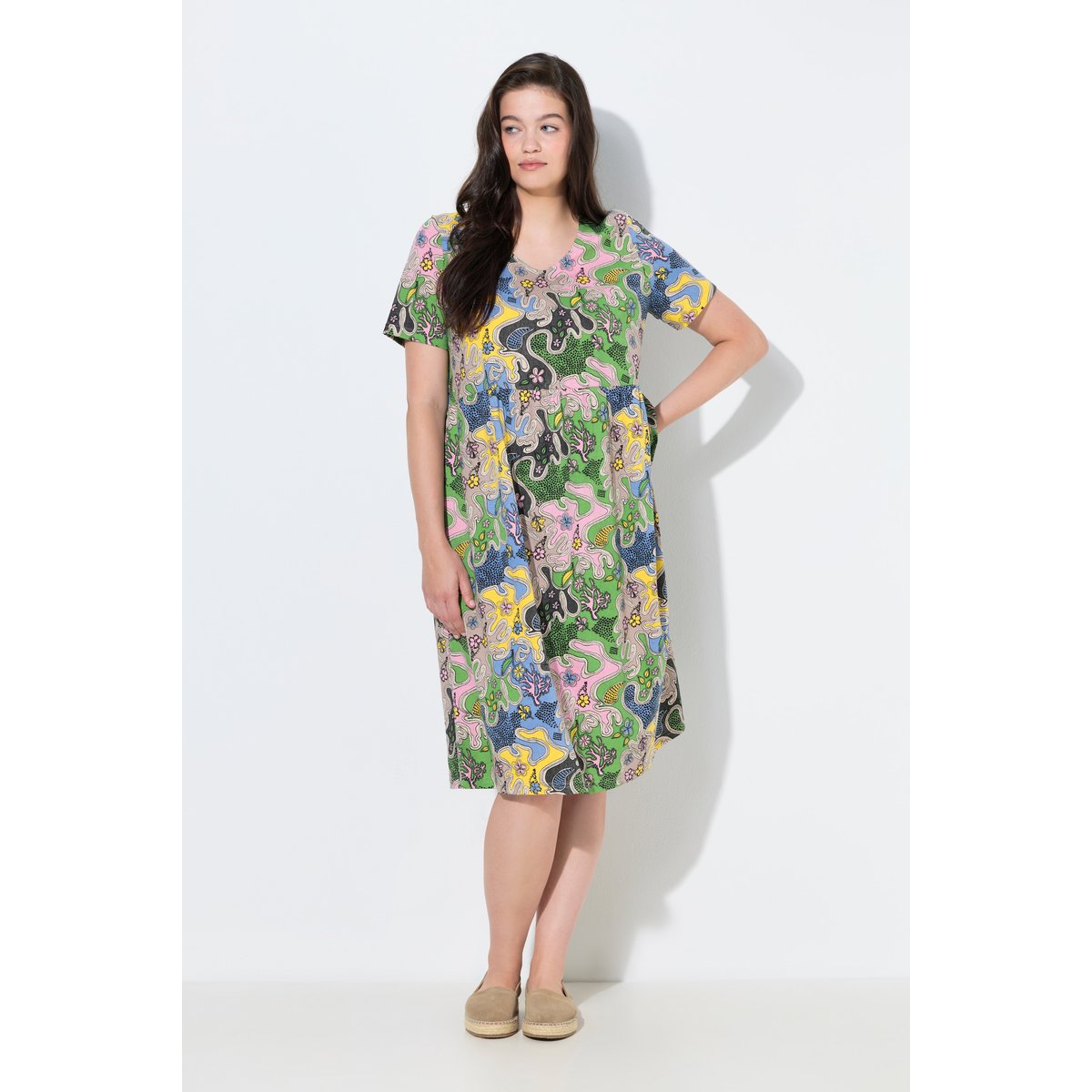 Robe midi à fleurs en coton bio vert mousse, ULLA POPKEN