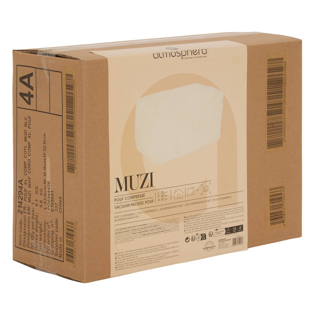 Pouf rectangulaire en velours côtelé MUZI crème, ATMOSPHERA