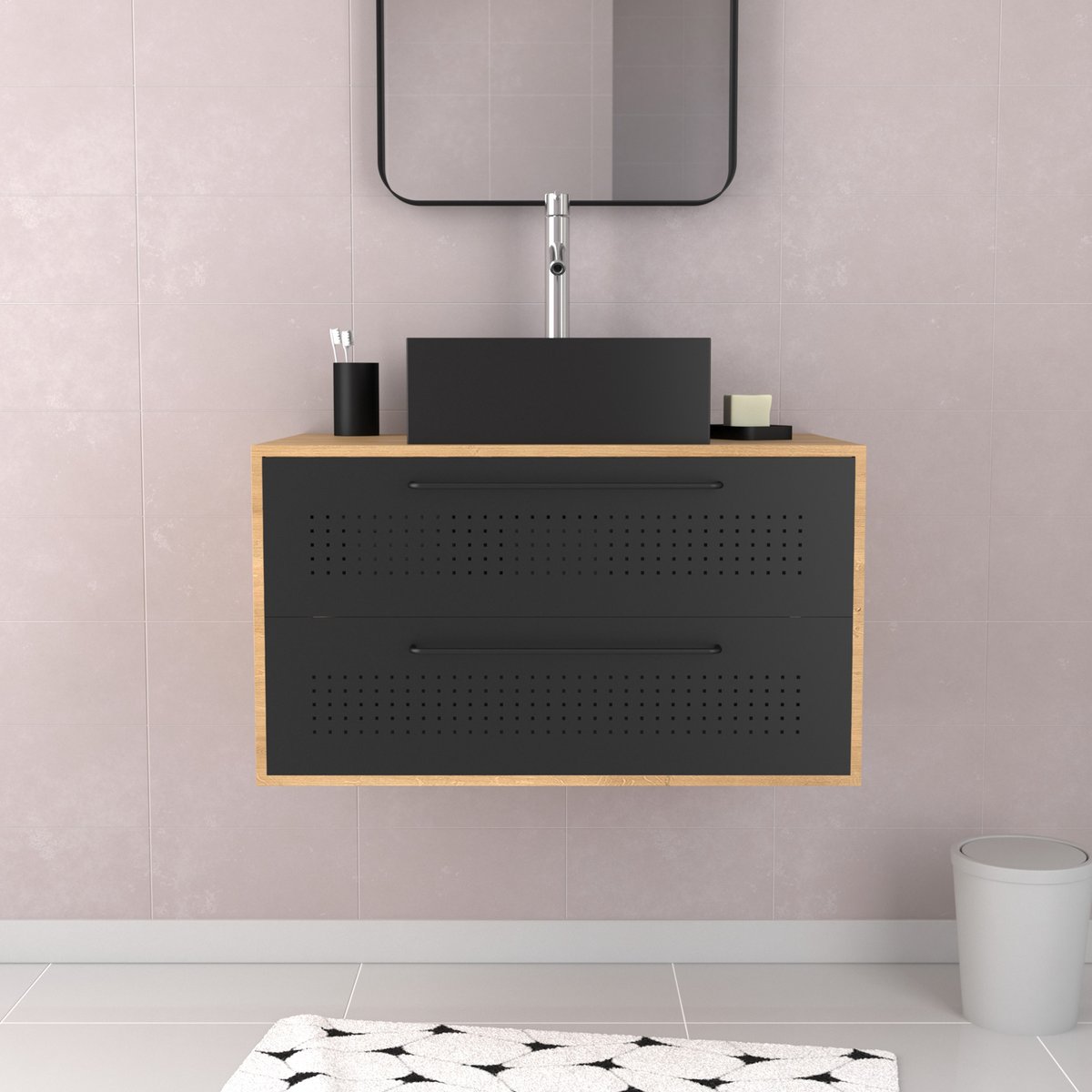 Set meuble de salle de bains avec vasque carrée noir, HOME MAISON