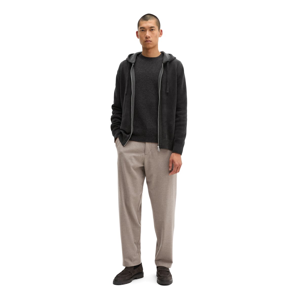 Cardigan en chenille, coupe regular en mélange de coton bio et de laine Schuwoll gris, MARC O'POLO