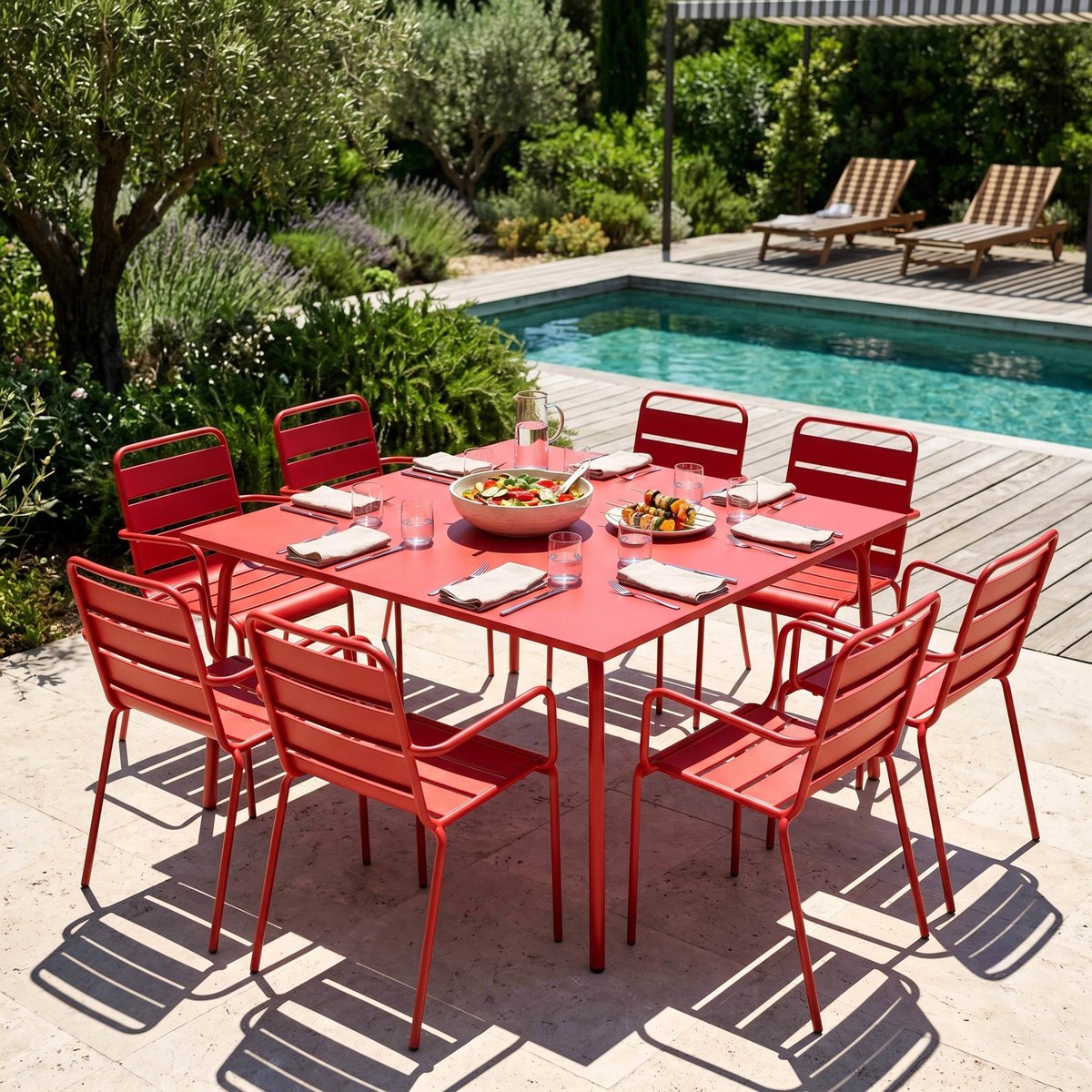 Salon de jardin table carrée et 8 fauteuils en métal, PALAVAS rouge, OVIALA