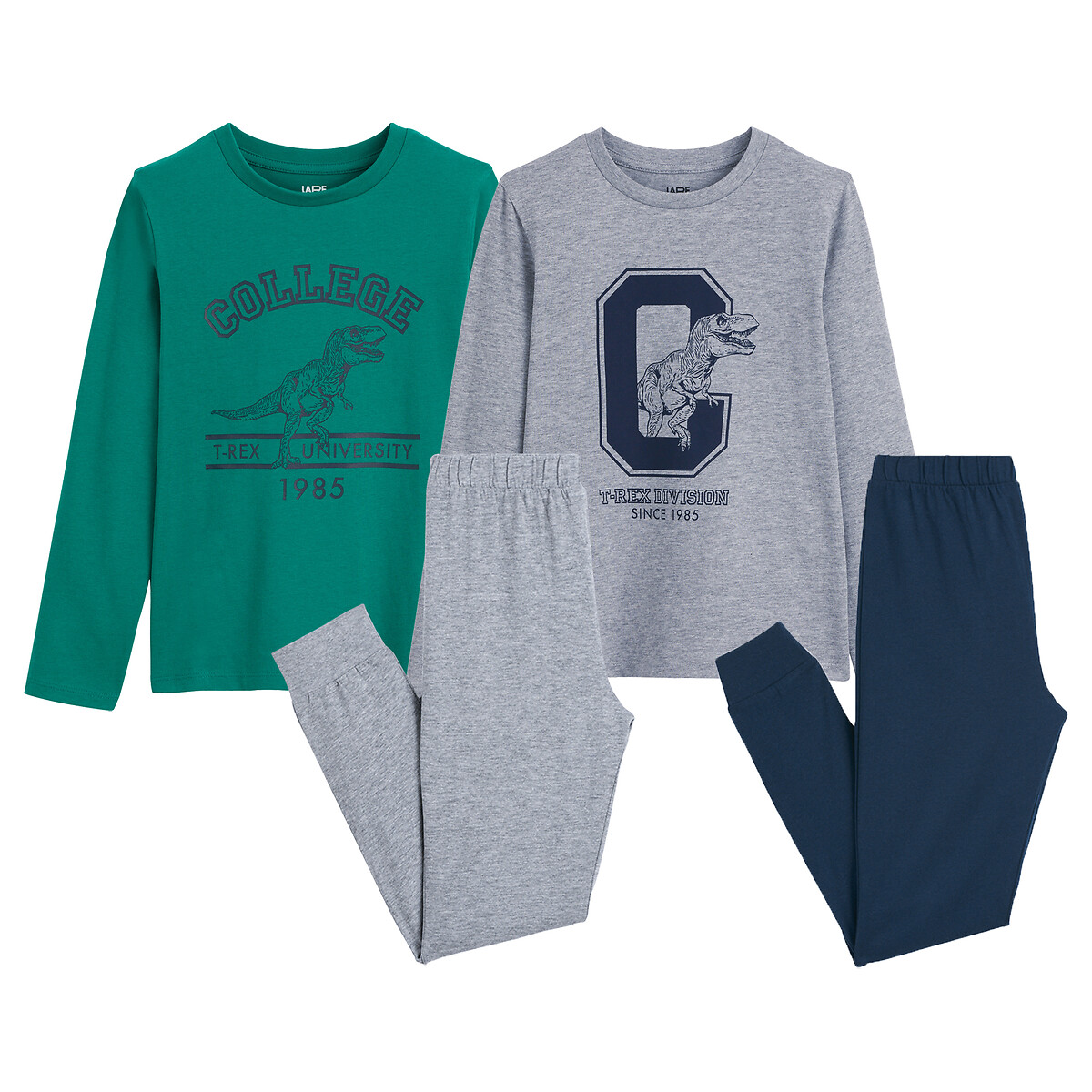 Pack of 2 Pyjamas in Cotton with Dinosaur Campus Print grey marl + pink + navy, LA REDOUTE COLLECTIONS