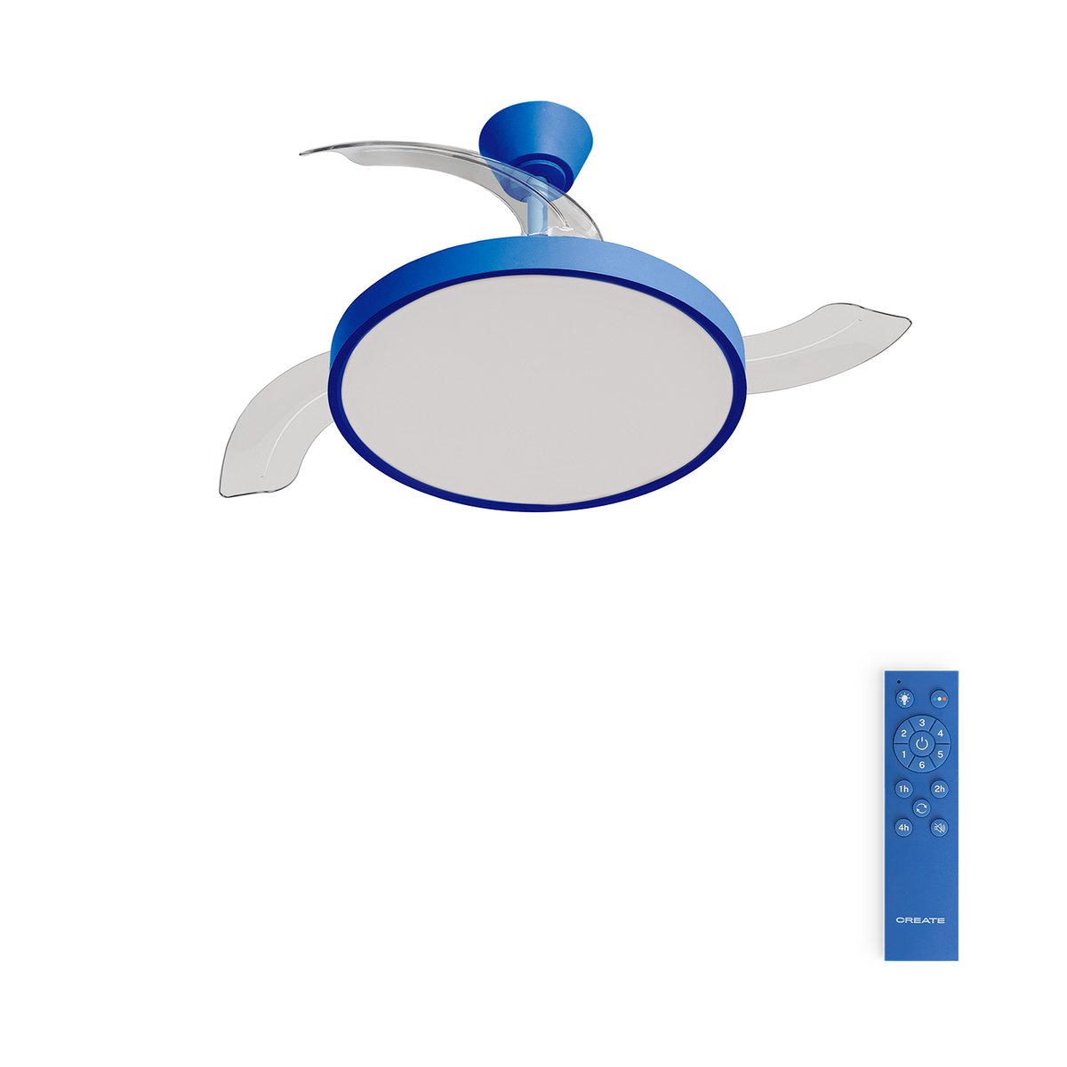 Ventilateur de plafond 40W silencieux avec lumiére et télécommande WIND CLEAR STUDIO bleu cobalt/transparent, CREATE