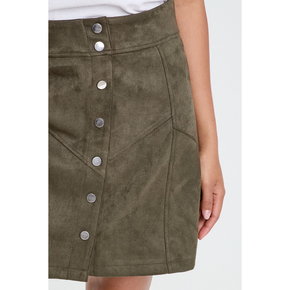 Jupe trapèze courte aspect daim vert kaki, CACHE CACHE