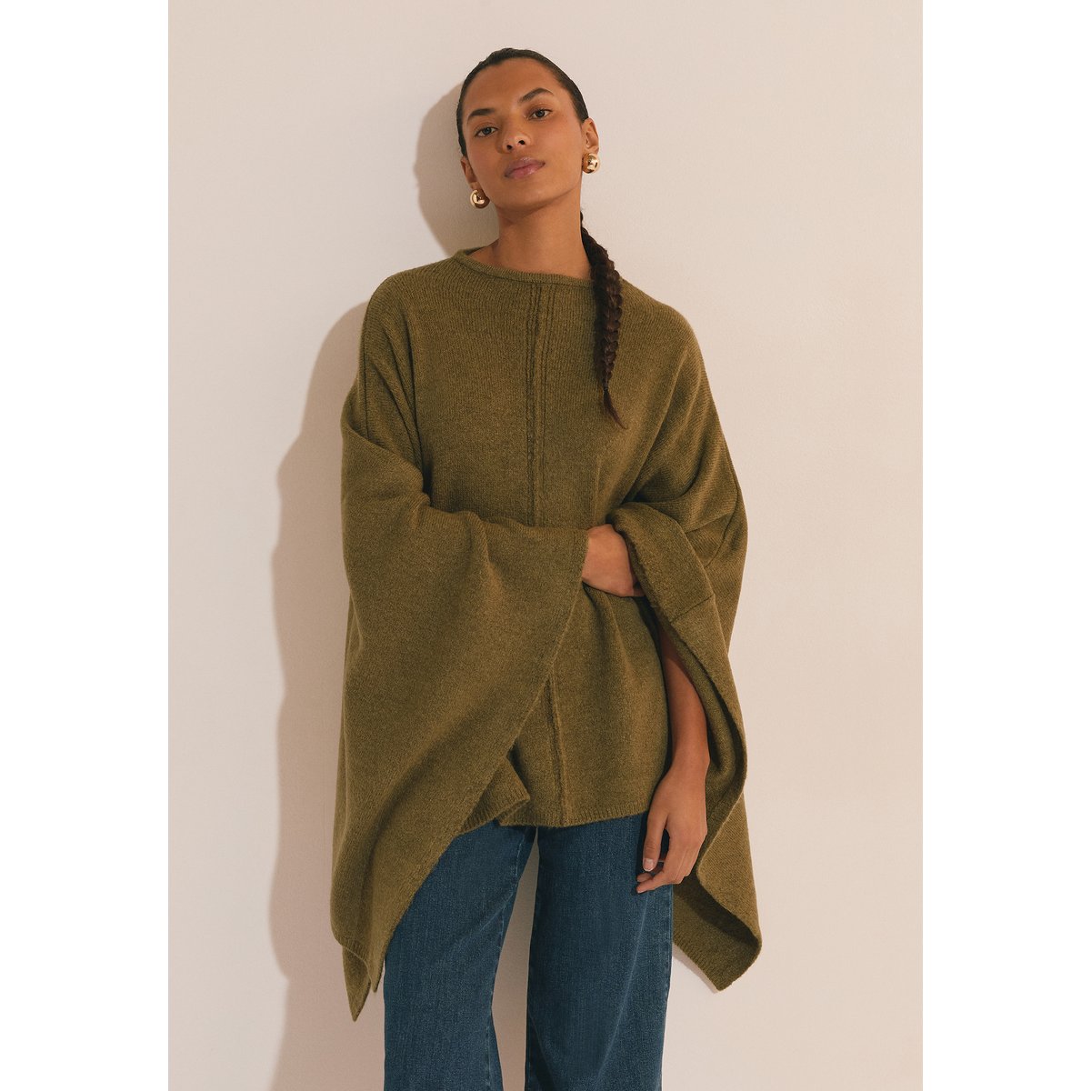 Pull poncho uni A PONCHO vert, ETAM