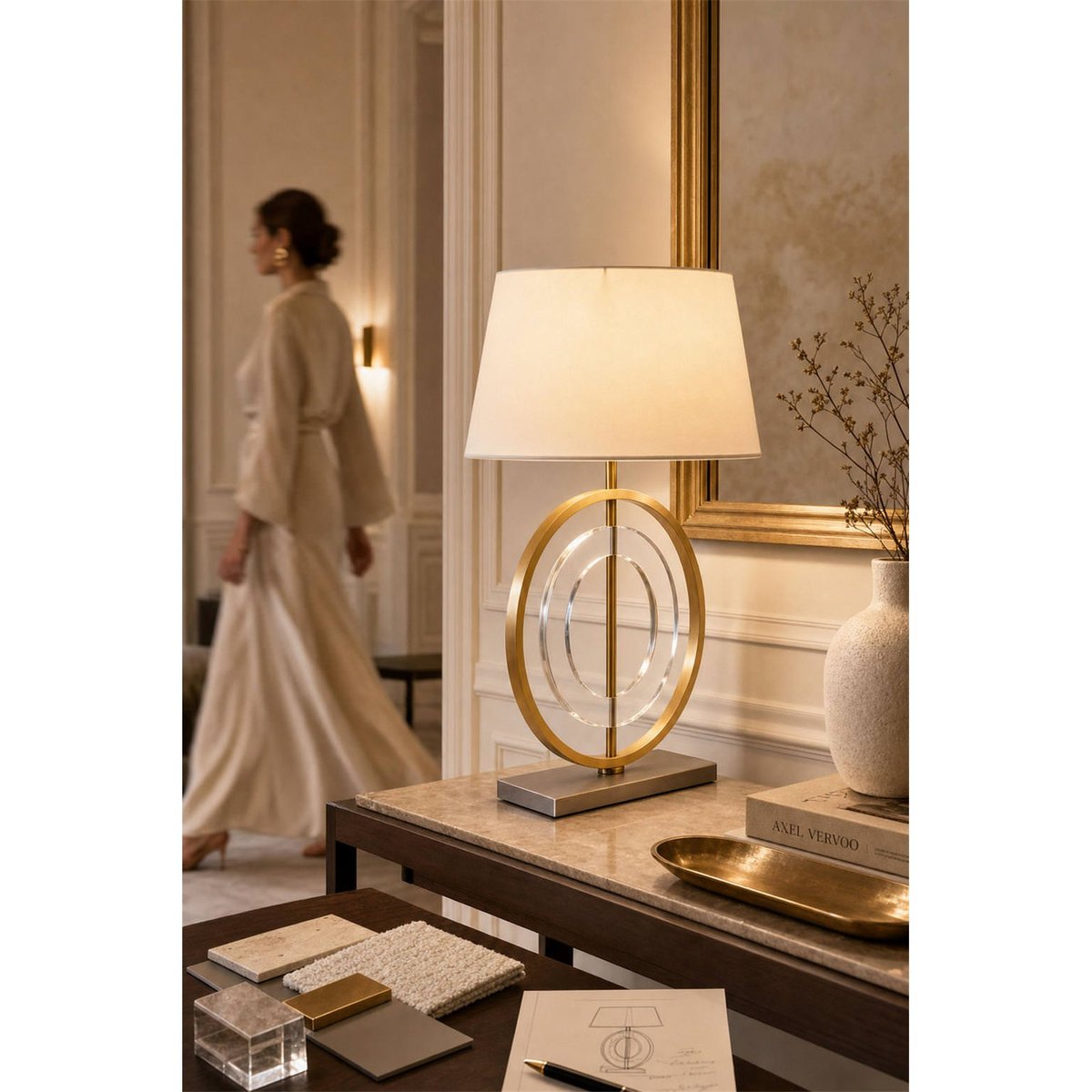 Lampe de table laiton, Design géométrique nickel vieilli et doré, RECOLLECTION