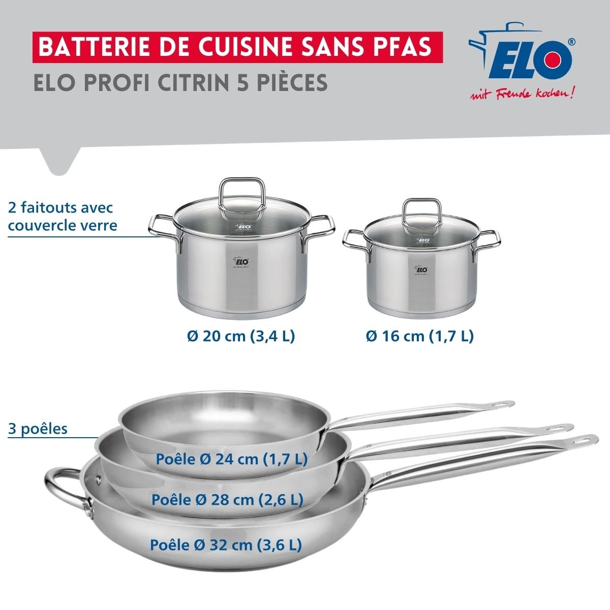 Batterie 3 poêles 24/28/32cm + 2 faitouts 16/20cm PROFI CITRIN gris, ELO