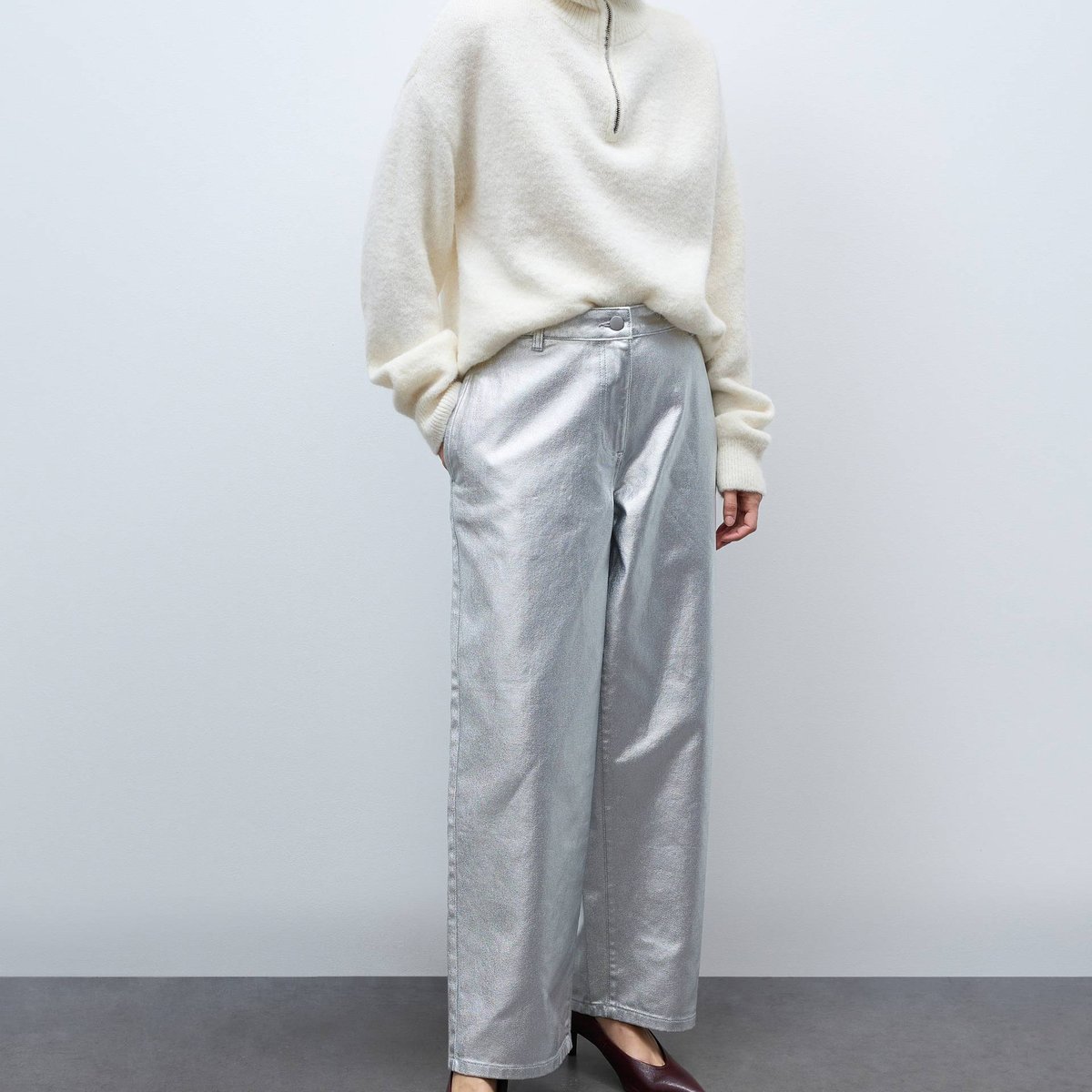 Jean large enduit é en coton silver, MONOPRIX