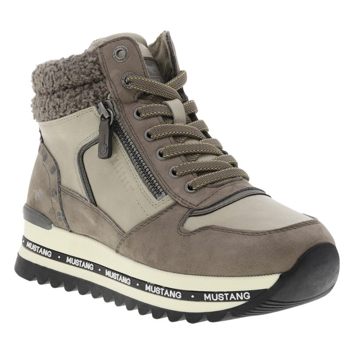 Baskets taupe à talon semi-compensé avec des lacets et un zip latéral taupe, MUSTANG