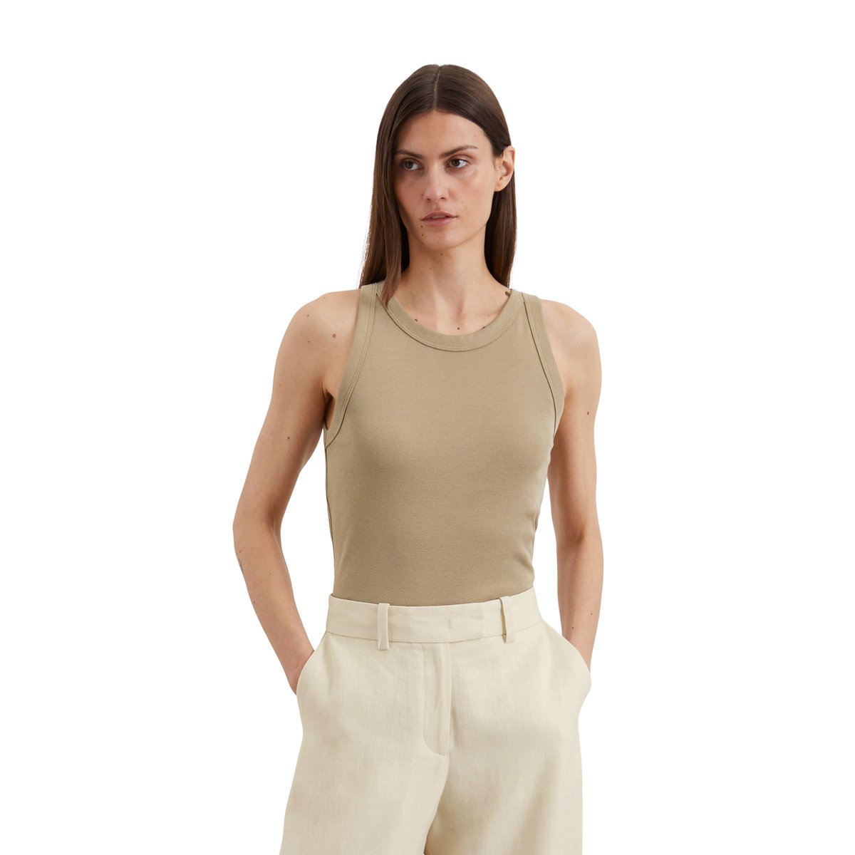 Débardeur regular en jersey de coton organique rib beige, MARC O'POLO