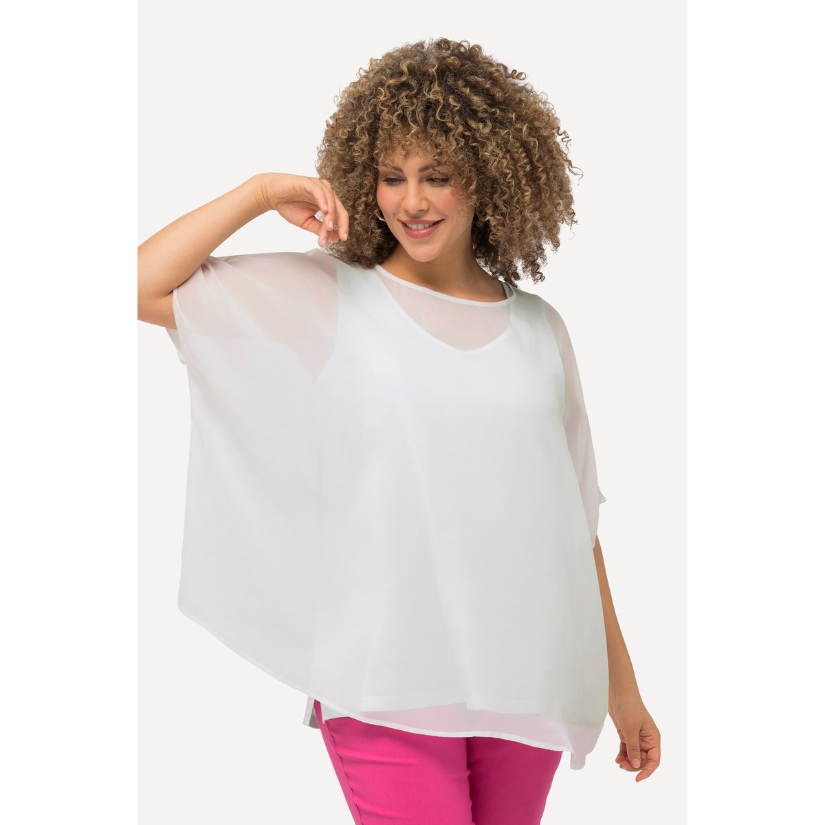 Blouse oversize en mousseline. Col rond et blanc neige, ULLA POPKEN