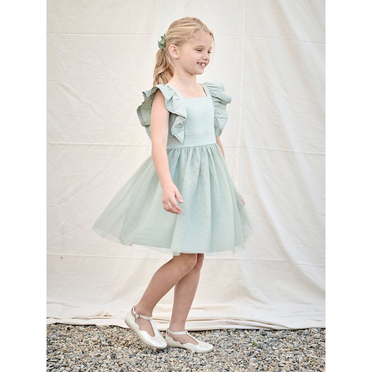 Robe cérémonie satin de coton à volants vert sauge, VERTBAUDET