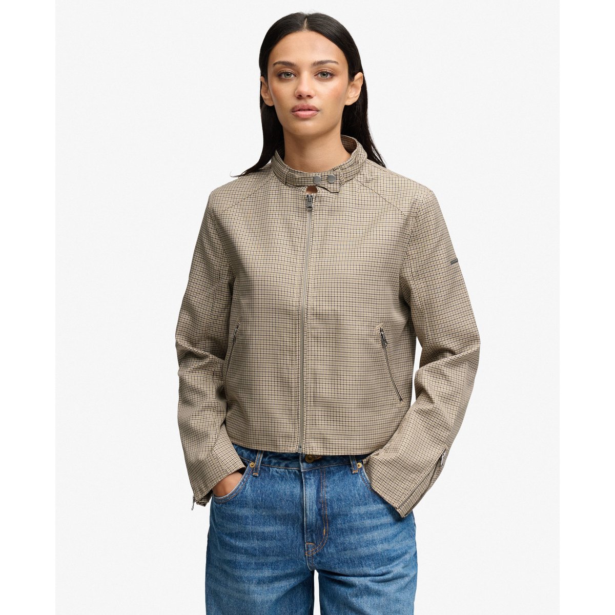 Veste Moto Check pied-de-poule brun micro, SUPERDRY