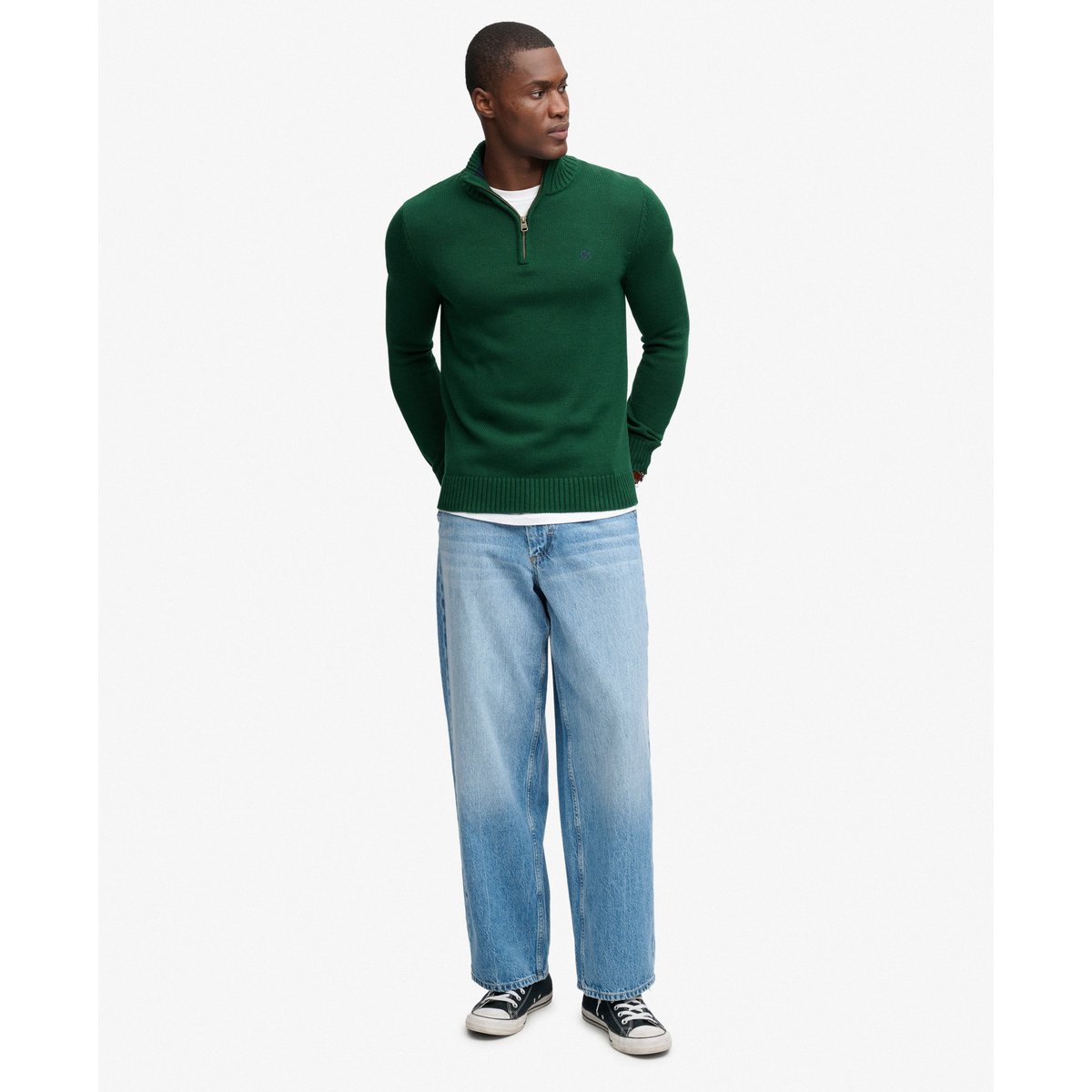 Pull Maille Demi-Zip Coupe Ajustée vert forêt, SUPERDRY