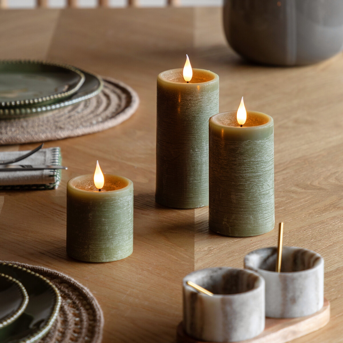 Set of 3 LED 1-Wick Candles in Olive green, ÉDITÉ