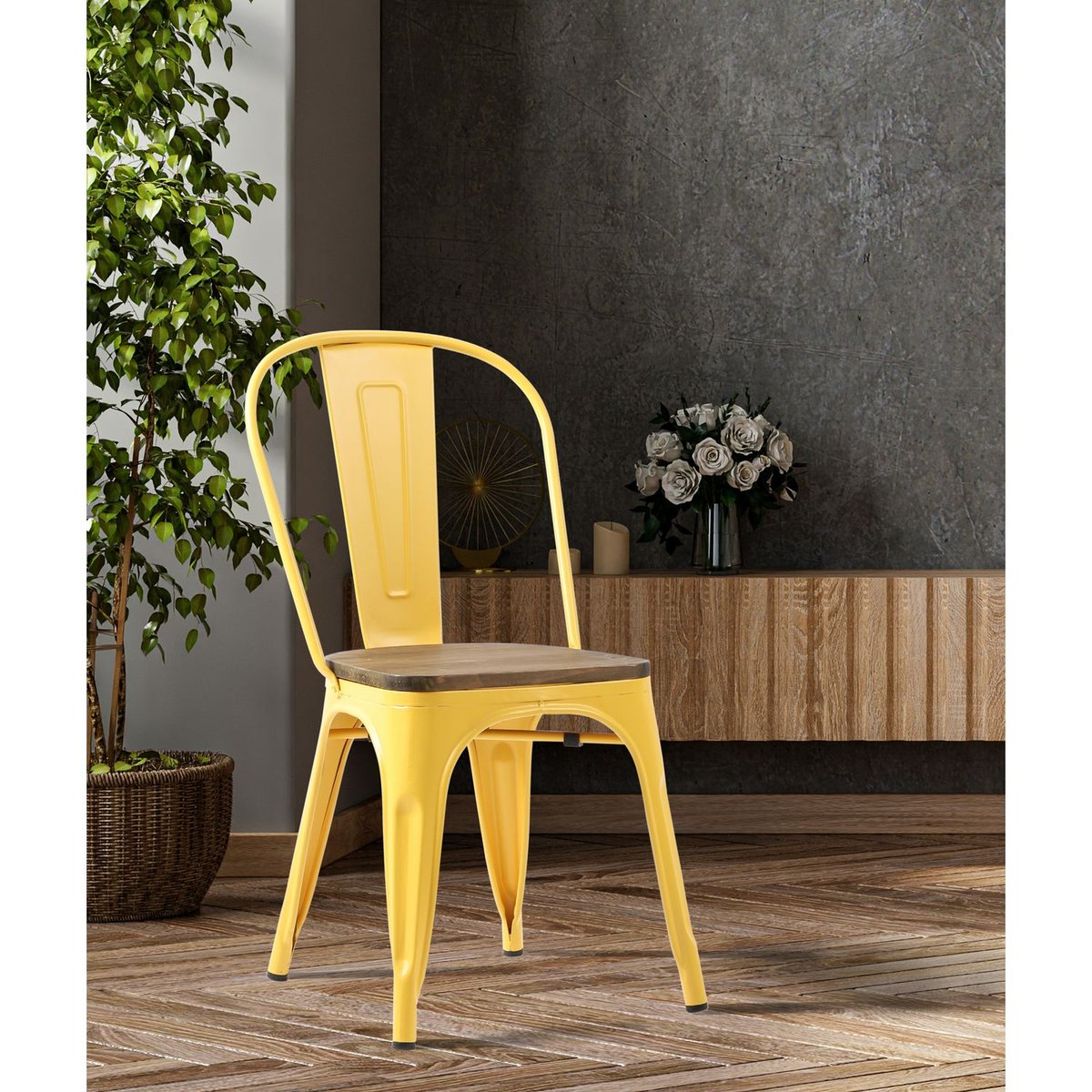 Lot de 4 chaises bistrot en bois et métal design vintage LIV jaune, TOILINUX
